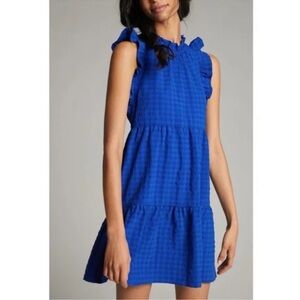 NWT Anthropologie Maeve Lida Plaid Ruffle Trim Back Tie Tiered Mini Dress Blue